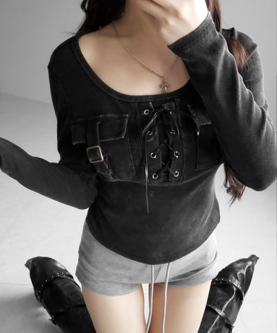 ヴィンテージレースアップアウトポケットスクエアリブロンT ／ vintage laceup outpocket square lib long slleve T-shirts