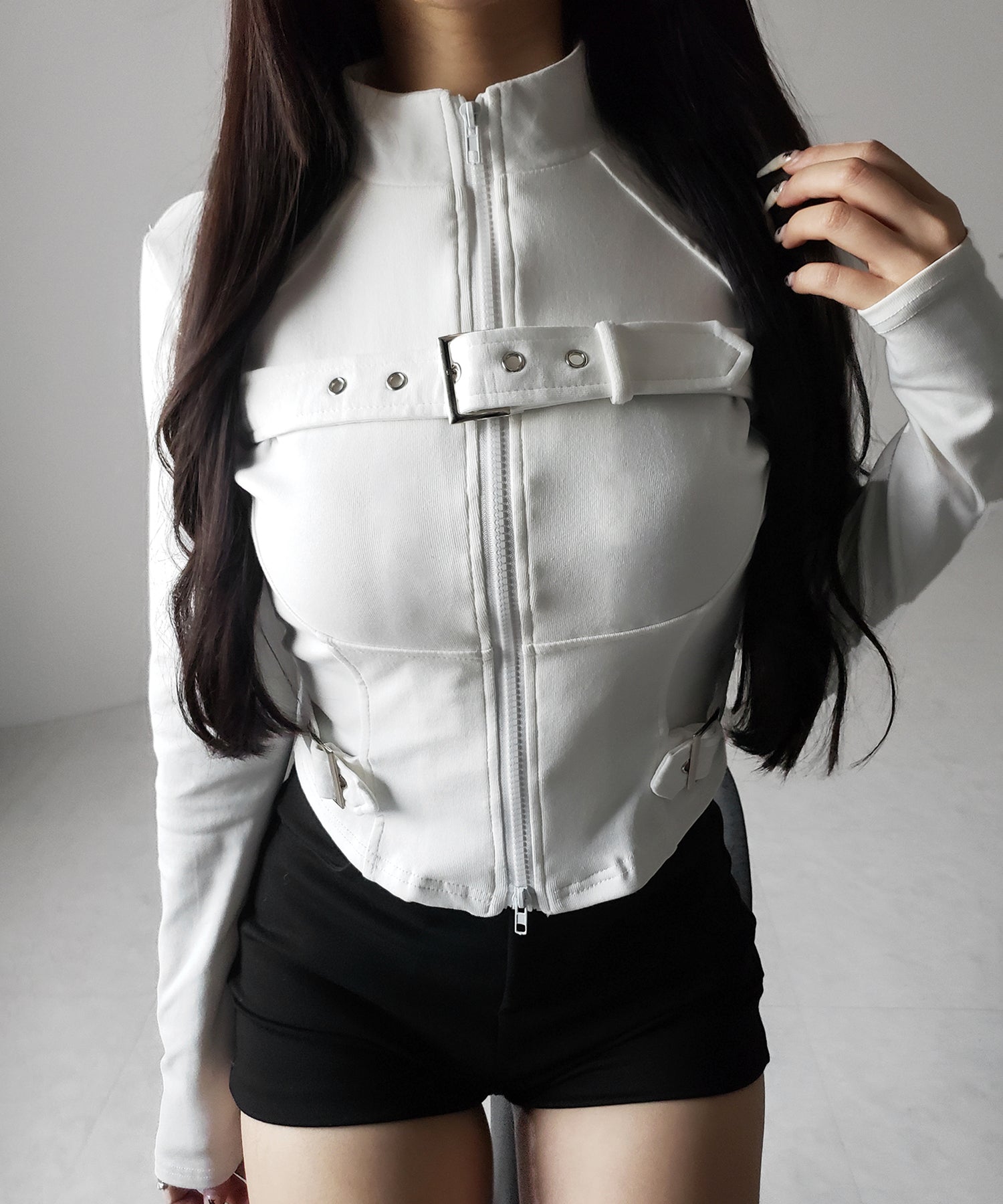 スタンドカラーベルテッドダブルジップスリムトップス ／ stand collar belted double zip slim tops