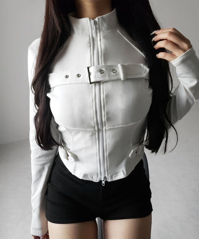 スタンドカラーベルテッドダブルジップスリムトップス ／ stand collar belted double zip slim tops