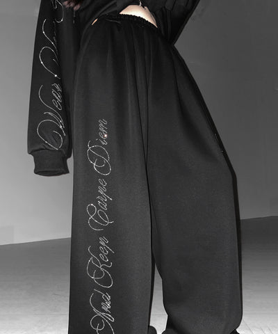 【 セットアップ可能 】ラインストーンロゴワイドスウェットパンツ ／ Rhine stone logo wide sweatpants
