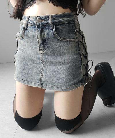 レースアップストレッチデニムミニスカパン ／ lace up stretch denim mini skirt pants