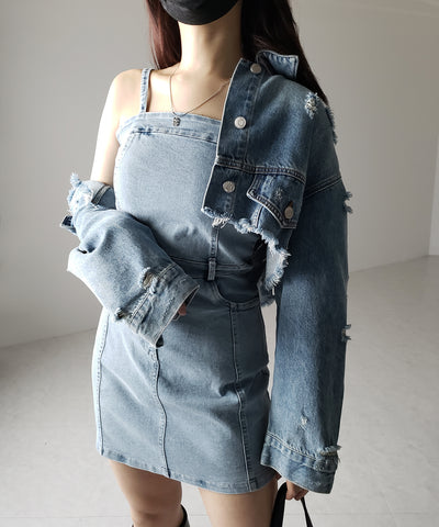 【 ２color 】ウォッシュデニムハイウエストミニキャミワンピース ／ wash denim high waist mini cami onepiece