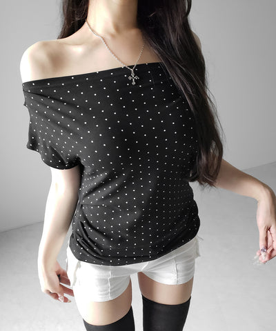 オフショルタックドレープドットＴシャツ ／ off shoulder tack drape shortsleeve dot T-shirts