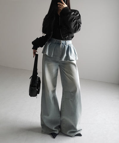 【 ２color ／ ４size 】フリルドッキングレイヤードヴィンテージワイドデニム ／ frll docking layered vintage wide denim