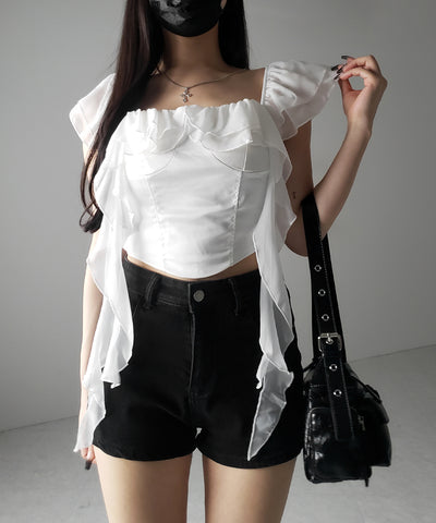 【 ２color ／ ２WAY 】シアーフリルコルセットサテンショートブラウス ／ sheer frill corset satin short blouse
