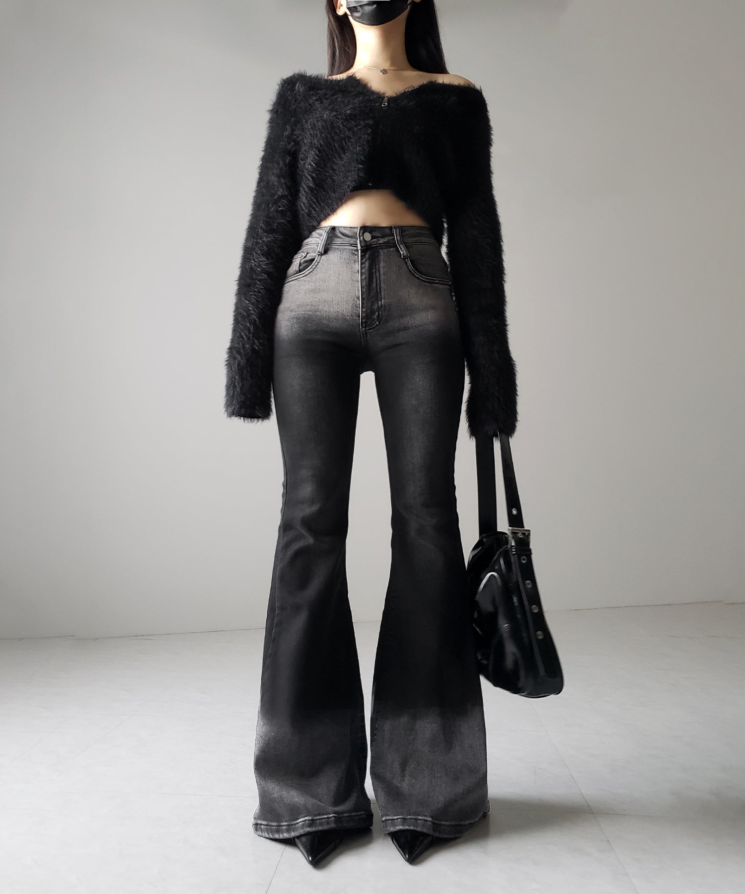 【４size 】ブリーチグラデーションストレッチブラックフレアデニム ／ bleach gradation stretch black flare denim