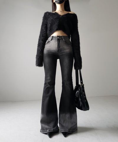 【４size 】ブリーチグラデーションストレッチブラックフレアデニム ／ bleach gradation stretch black flare denim