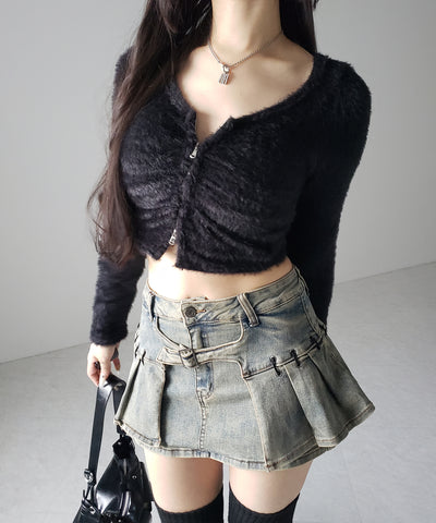 【 インパン裏地付 】ベルテッドマイクロプリーツデニムミニスカパン ／ belted micro pleats denim skirt pants