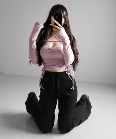 【 新色ピンク追加！ ／ ２WAY 】クロスストラップリボンカットアウトオフショルトップス ／ cross strap ribbon cutout offshoulder tops