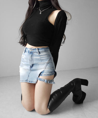 【 インパン裏地付 】カットアウトベルトストラップデニムミニスカパン ／ cutout belt strap denim mini skirt pants