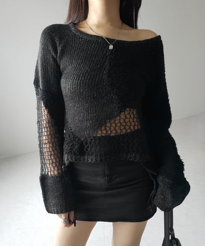 【 ２color 】異素材ドッキングスカシアミニットトップス ／ mixed material docking openwork knit tops
