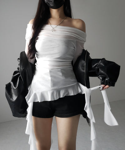【 ２color 】アシンメトリーフリルオフショルシアートップス ／ asymmetrical frill off-shoulder sheer tops