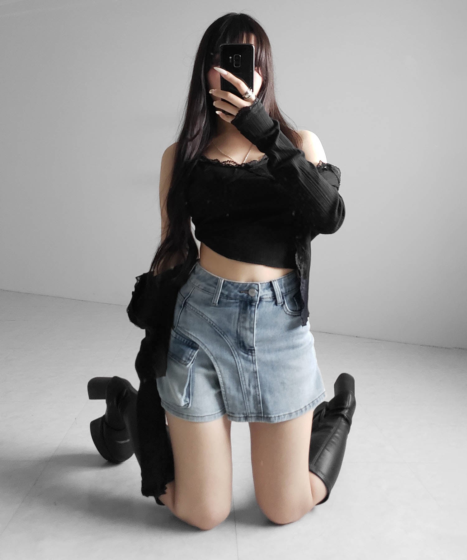 カーゴポケットレイヤードデニムミニスカパン ／ cargo pocket layered denim mini skirt pants