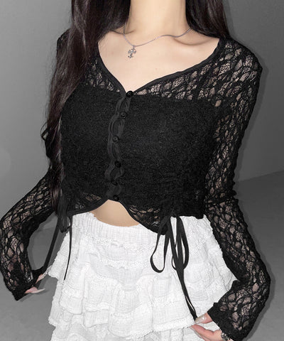 ダブルシャーリングショートレースカーディガン ／ double shirring short lace cardigan