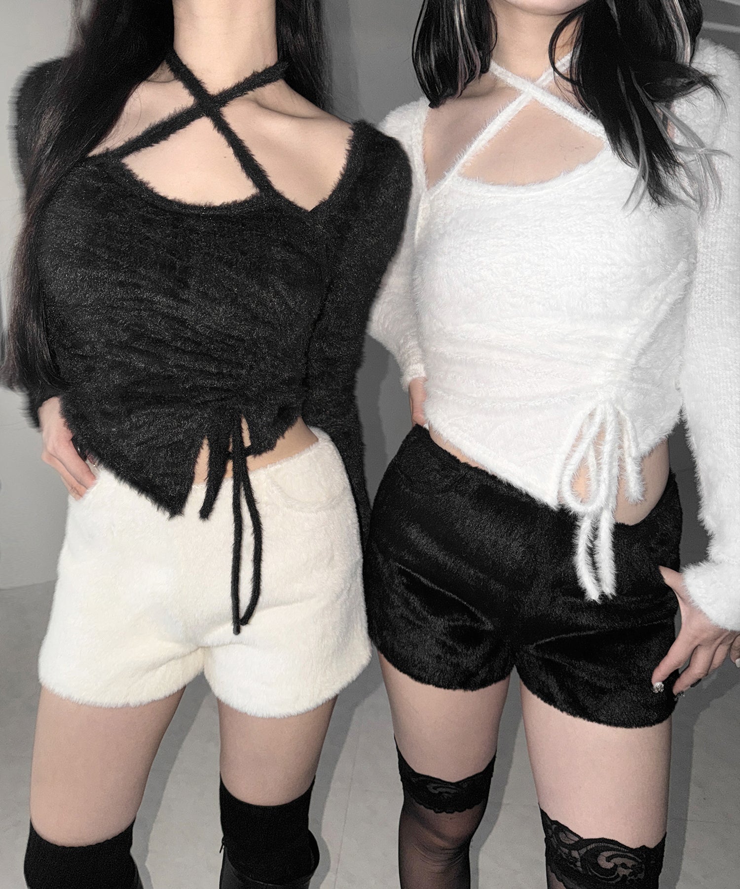 【 ３color 】クロスネックシャーリングリボンシャギートップス ／ cross neck shirring ribbon shaggy tops