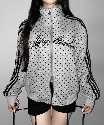 レタリングロゴ刺繍ドットラインオーバースウェットブルゾン ／ lettering logo embroidery dot line over sweat blouson