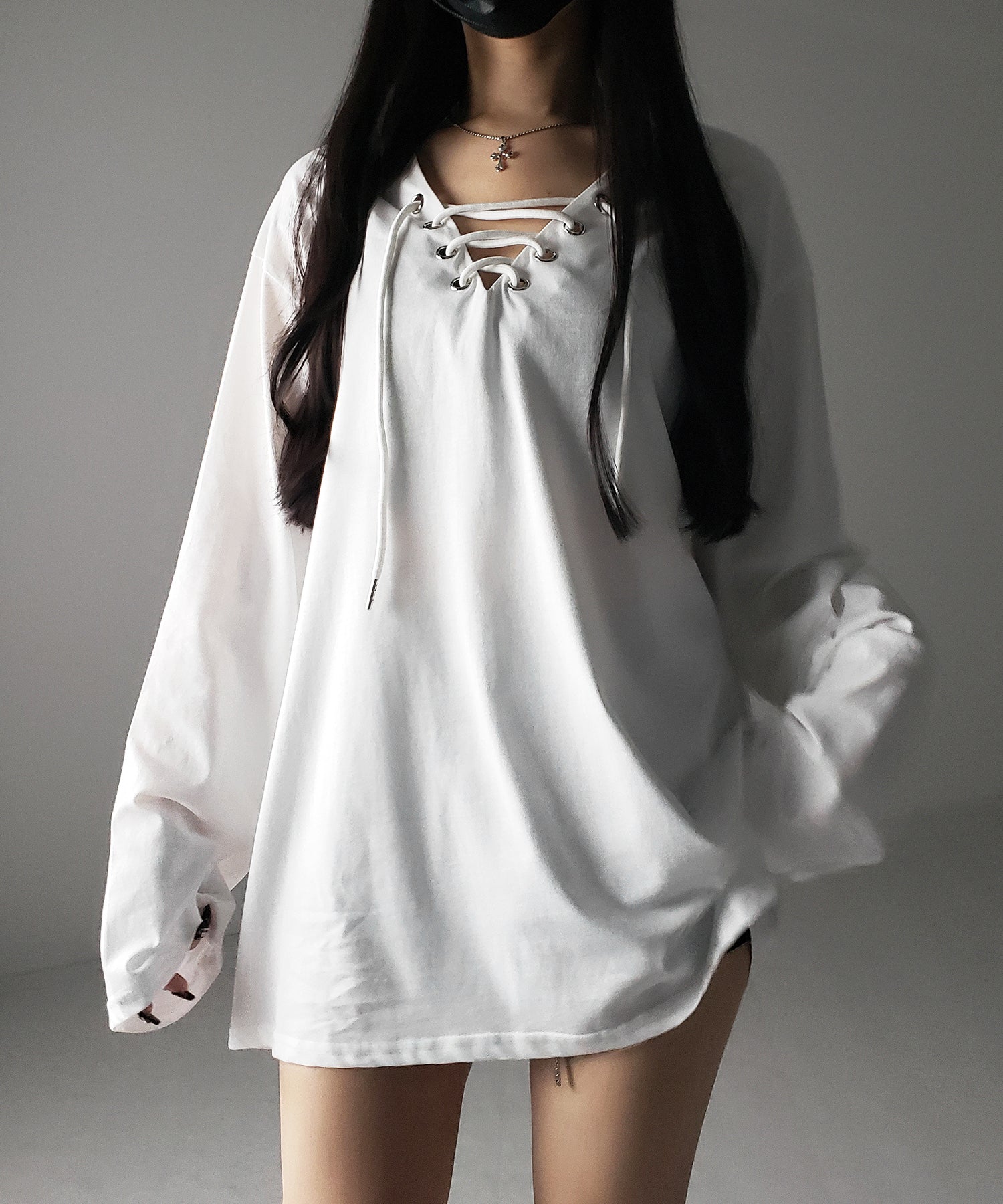 【 ２color 】レースアップルーズシルエット長袖ビッグTシャツ ／ laceup loose silhouette long sleeve big T-shirt