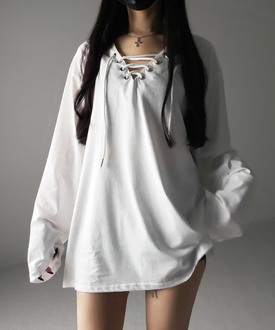 【 ２color 】レースアップルーズシルエット長袖ビッグTシャツ ／ laceup loose silhouette long sleeve big T-shirt