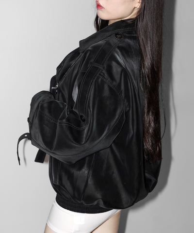 ヴィンテージフェイクレザーベルテッドジップアップオーバーブルゾン ／ Vintage fake leather belted zipup over blouson