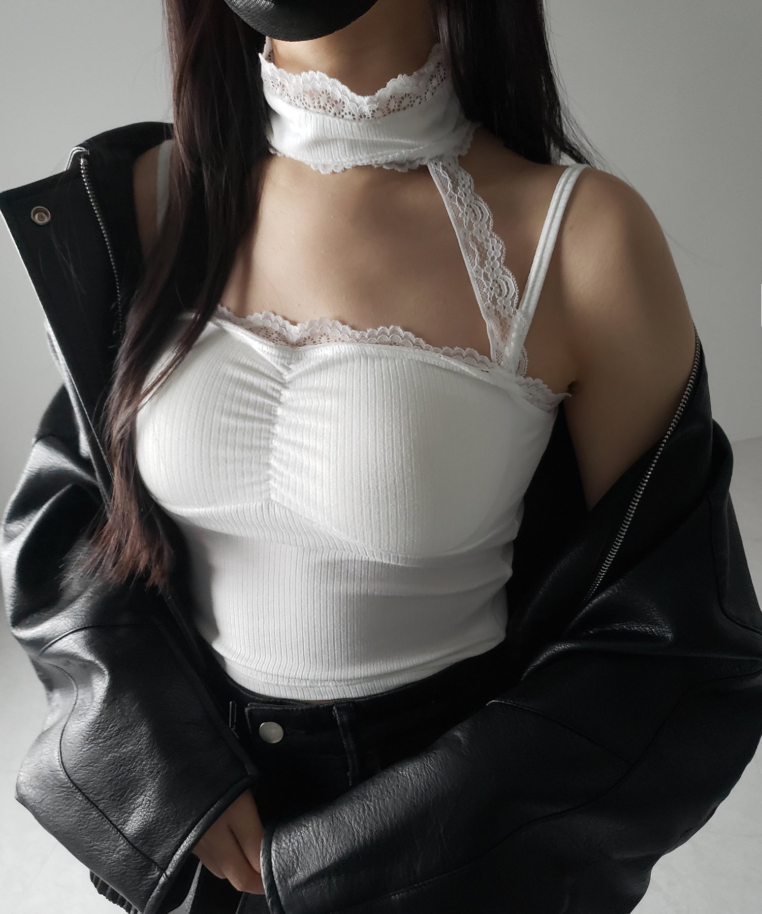 【 ２color ／ カップ付 】レースチョーカーストラップリブキャミソール ／ lace choker strap lib camisole