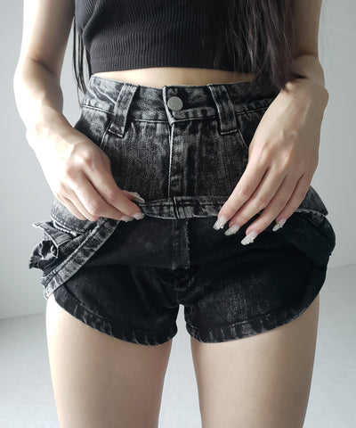 【 デニムセットアップ着用可能 】ヴィンテージケミカルブリーチカーゴデニムミニスカパン ／ vintage chemical bleach cargo denim mini skirt pants