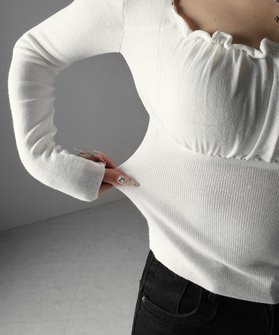 フリルギャザースクエアネック長袖ニットトップス ／ frill gather square neck longsleeve knit tops