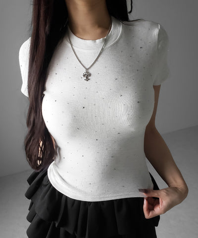 ラインストーン半袖タイトＴシャツ ／ Rhinestone short sleeve tight T-shirt