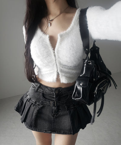 【 インパン裏地付 】ベルテッドマイクロプリーツデニムミニスカパン ／ belted micro pleats denim skirt pants