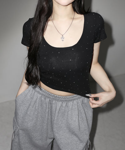ラインストーンスクエアネックタイトＴシャツ ／Rhinestone square neck tight T-shirt