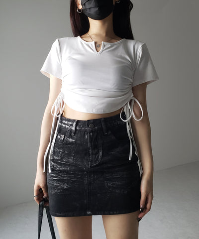 【 ２color 】サイドシャーリングリボン半袖ショートＴシャツ ／ side shirring ribbon short Tee