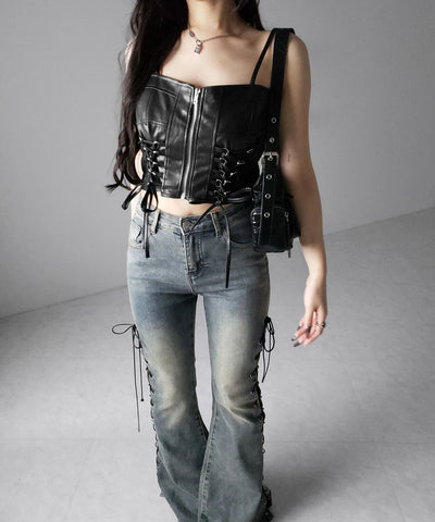 ダブルリボンレースアップフェイクレザーショートビスチェ ／ double ribbon laceup fake leather short bustier