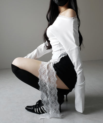 【 ２color 】ワンショルダーレースドッキングアシンメトリートップス ／ one shoulder lace docking asymmetry tops