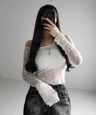 【 ２color ／２WAY 】ワンショルルーズシアーレーストップス ／ one shoulder loose sheer lace tops