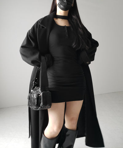 【 ３color ／ 裏起毛 】チョーカーネックシャーリングミニワンピース ／ choker neck shirring mini onepiece