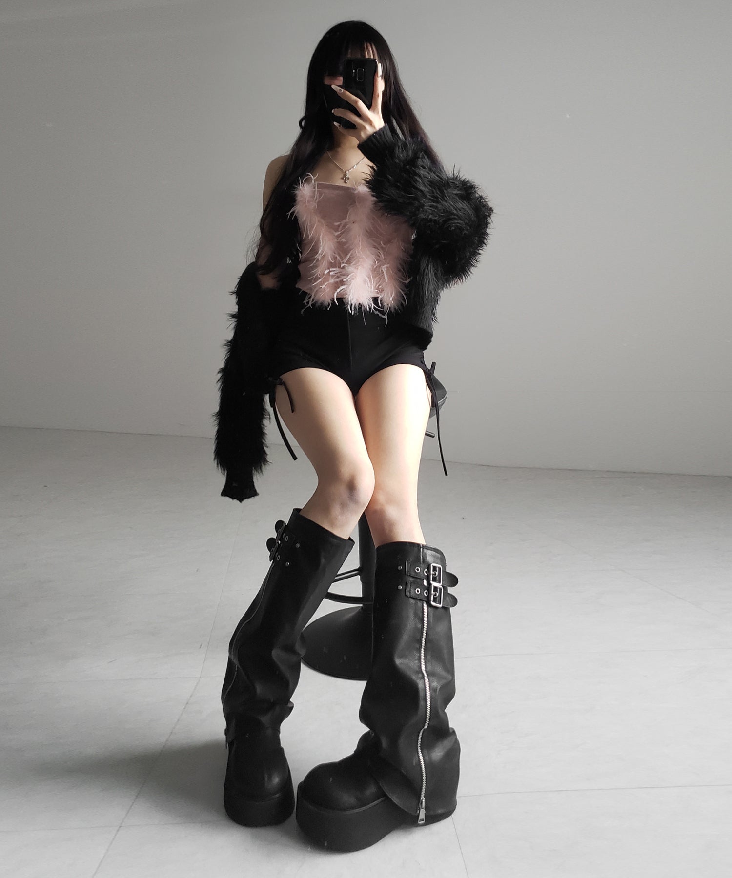 フェザーファードッキングビスチェベアトップ ／ feather fur docking bustier bare tops