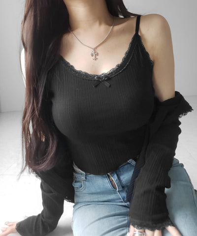 【 ２点セット 】フロントリボンレース切替リブキャミソール ＋ カーディガンセット ／front ribbon lace lib camisole + cardigan SET