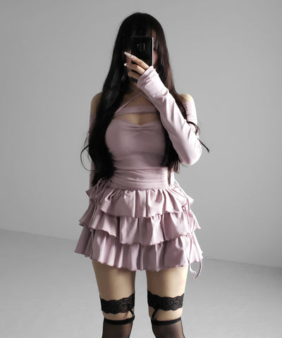 【 新色ピンク追加！４color 】３段フリルカットソーミニスカパン ／ 3 frill cutsew mini skirt pants