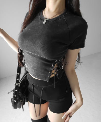 ヴィンテージサイドレースアップカットアウト半袖ショートTシャツ ／ vintage side lace up cutout short short sleeve T-shirts