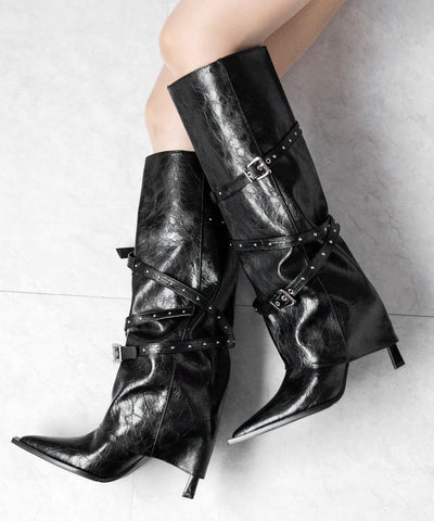 ヴィンテージレザーベルテッドロングカバーブーツ ／vintage leather belted long cover boots