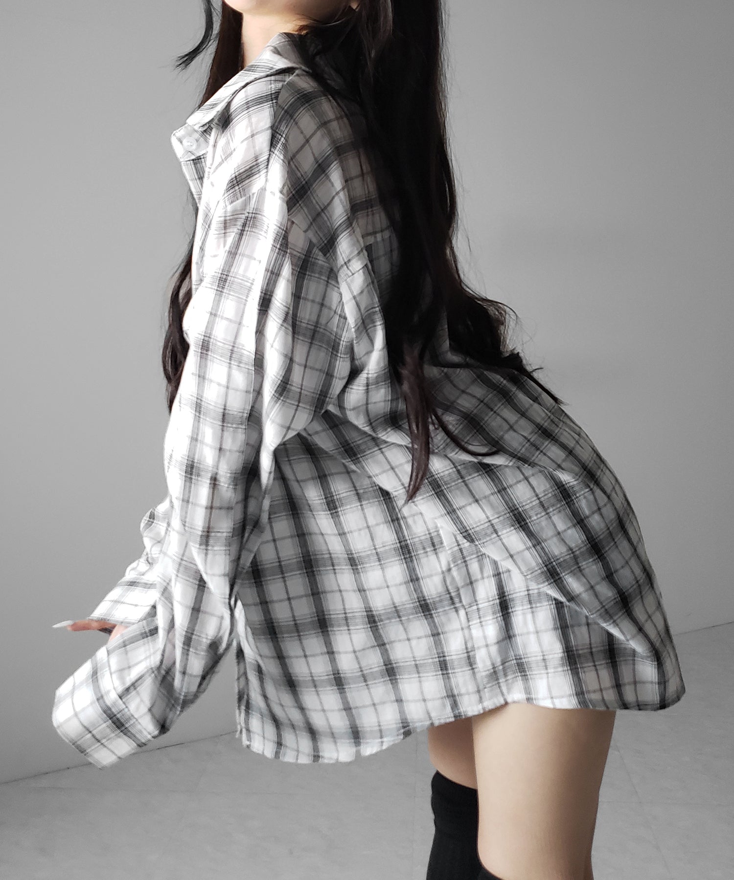 ビッグシルエットブラックシアーチェックシャツ ／ big silhouette black sheer check shirt