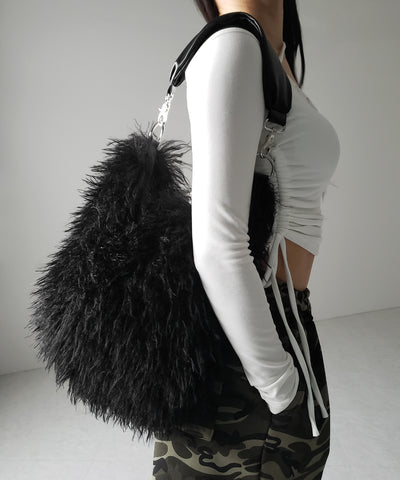 【 ショルダーストラップ付き２WAY 】バイカラーシャギーファーショルダーバッグ ／ bicolor shaggy fur shoulder bag