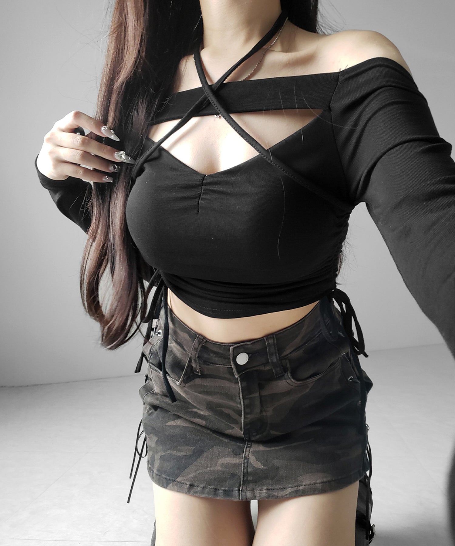 ヴィンテージカモフラレースアップデニムミニスカパン ／ vintage camouflage lace up denim mini skirt pants