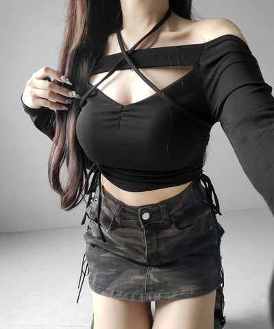 ヴィンテージカモフラレースアップデニムミニスカパン ／ vintage camouflage lace up denim mini skirt pants