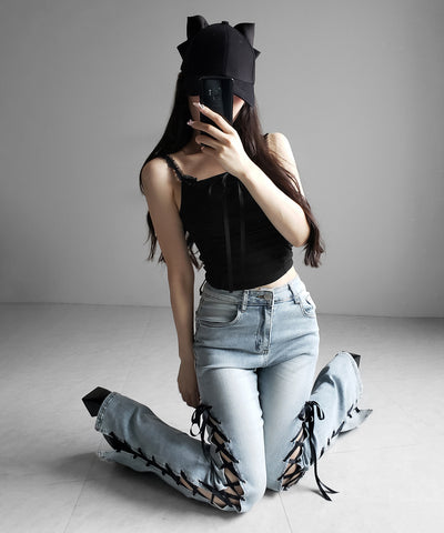 シャーリングギャザーフロントリボンキャミソール ／ shirring gather front ribbon camisole