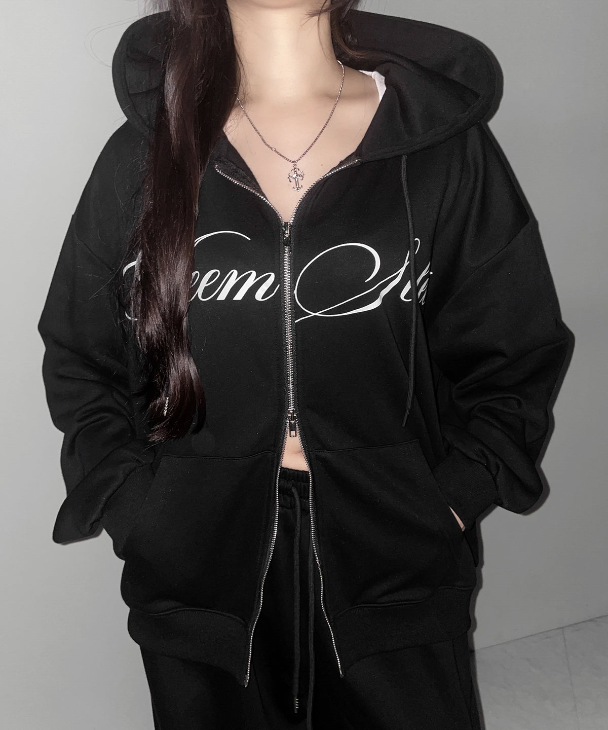 【 セットアップ可能 】レタリングロゴプリントダブルジップビッグパーカー ／ lettering logo print double zip BIG hoodie