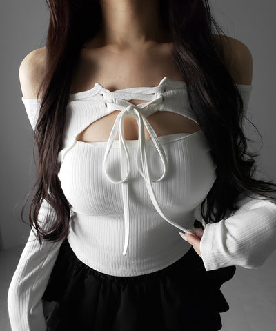 レースアップリボンカットアウトオフショルリブロンT ／ lace up ribbon cutout offshoulder ribbed long T-shirt