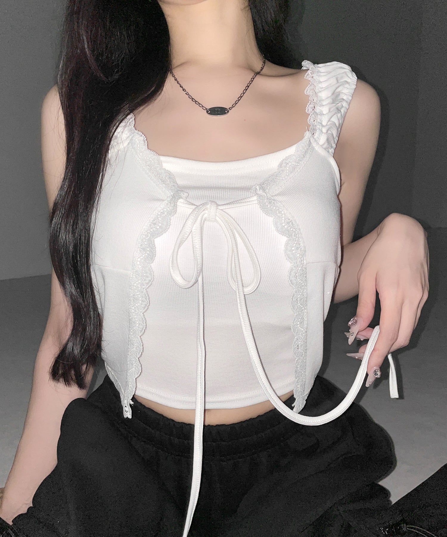 フロントリボンレイヤードリブキャミタンク ／ front ribbon layered lib camisole tank