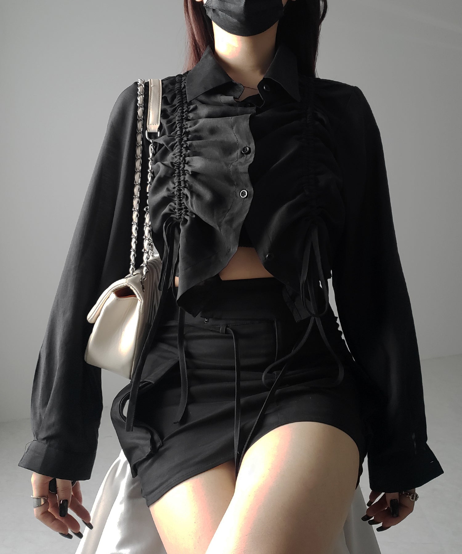 【 ３color 】ダブルリボンシャーリングショートシアーシャツ ／ double shirring ribbon short sheer shirts