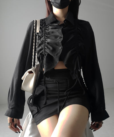 【 ３color 】ダブルリボンシャーリングショートシアーシャツ ／ double shirring ribbon short sheer shirts