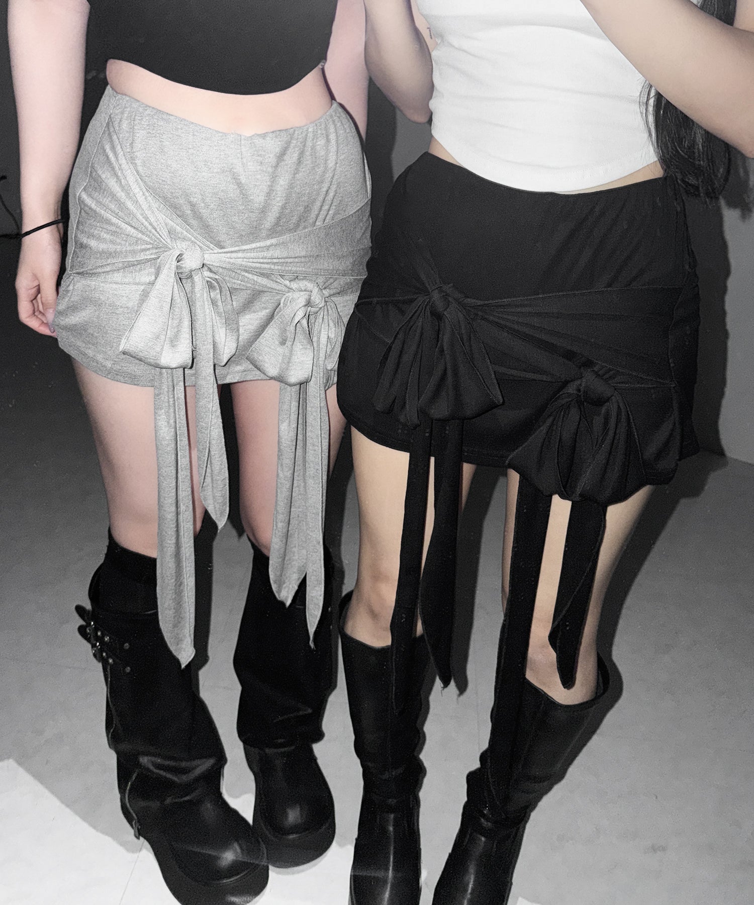 ダブルレイヤードリボンドレープミニスカパン ／ double layered ribbon draped mini skirt pants